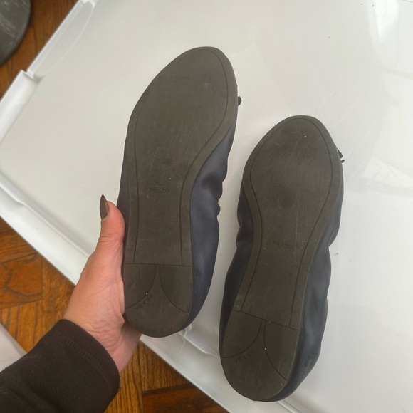PRADA Cap-Toe Navy Leather Ballet Flats Size 37 / 7 Ballerina Bow with Logo - Picture 7 of 8